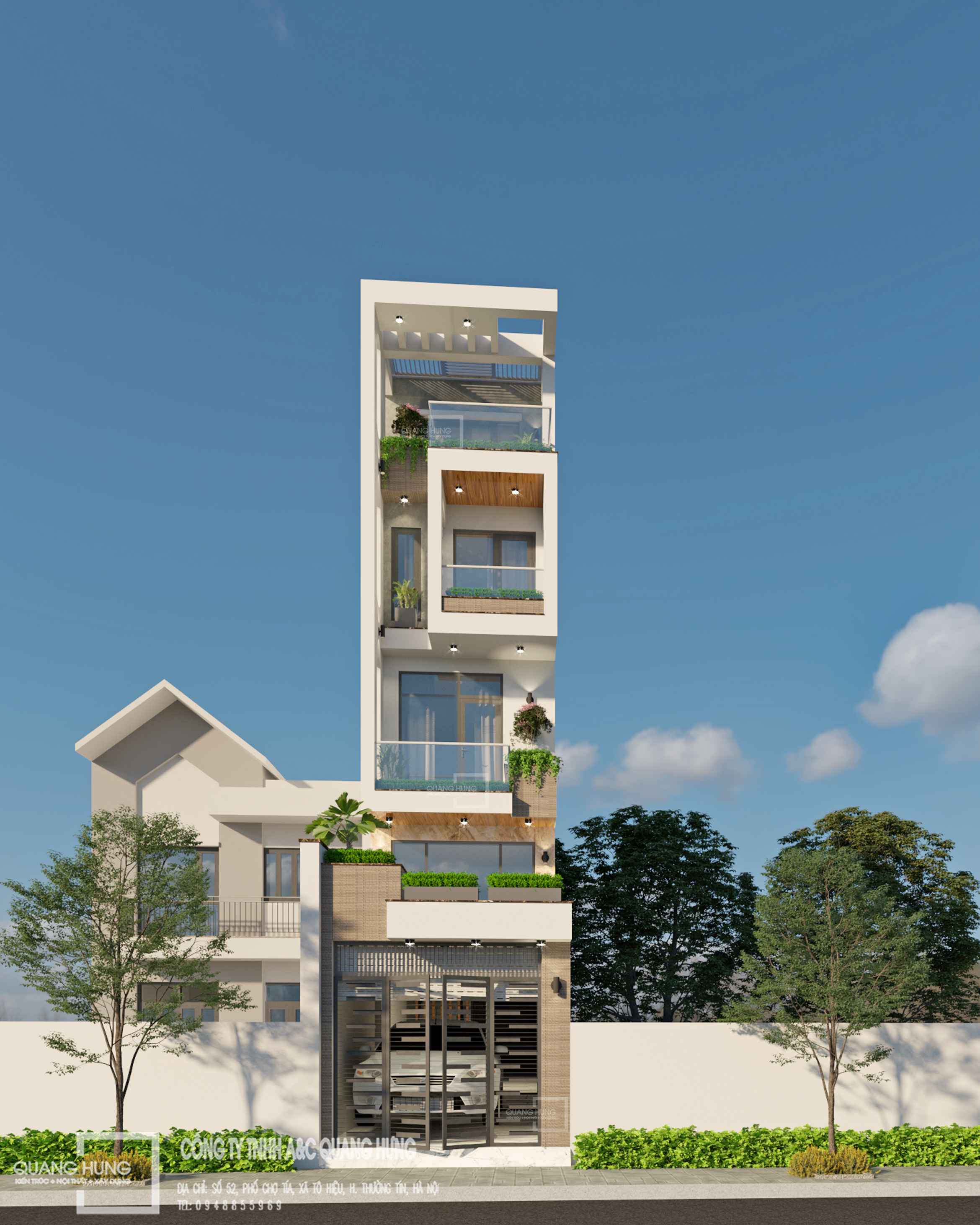 Nhà phố 5 tầng + 1 lửng. 3.7x24m, 4 phòng ngủ kết hợp không gian kinh doanh, phong cách hiện đại