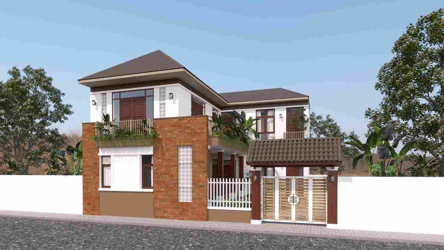 Biệt thự 2 tầng mái Nhật. 12x11m, 3 phòng ngủ và không gian nhà 3 gian truyền thống