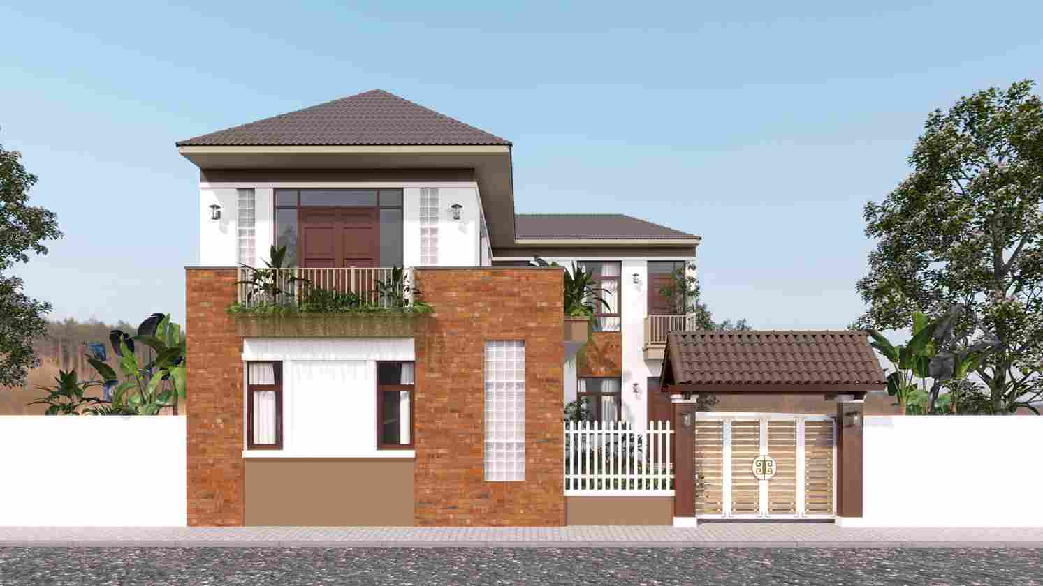 Biệt thự 2 tầng mái Nhật. 12x11m, 3 phòng ngủ và không gian nhà 3 gian truyền thống