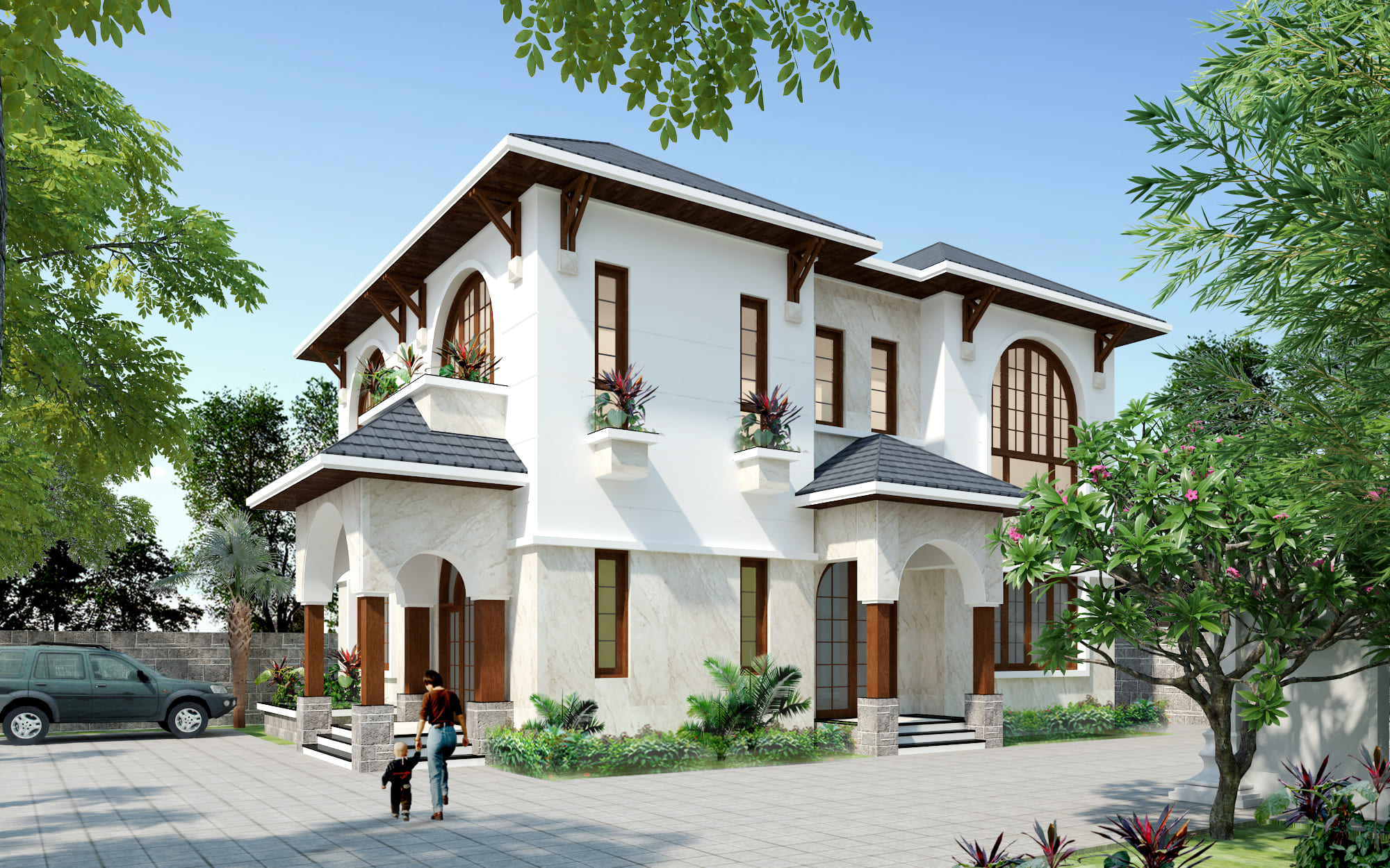 Biệt thự 2 tầng phong cách Đông Dương. 10x15m, 4 phòng ngủ kết hợp sân vườn Nhật